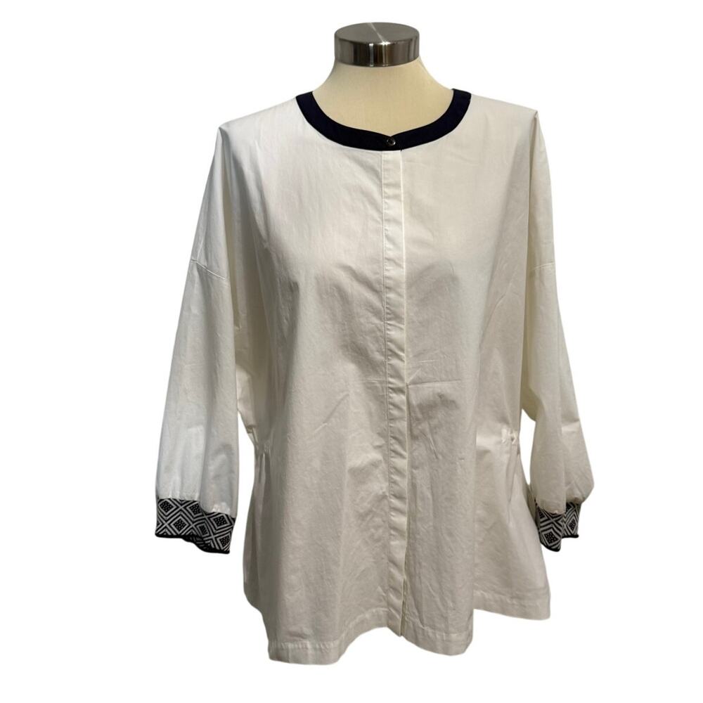 St. John White Cinched Waist Button Blouse Navy Trim Size XL Luxury Designer